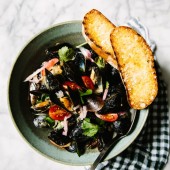 Green curry mussels with pickled shallots