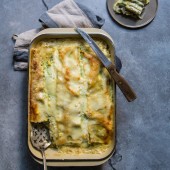 White vegetarian lasagna with pesto