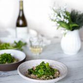 Spring vegetable barley risotto with Austerity Chardonnay